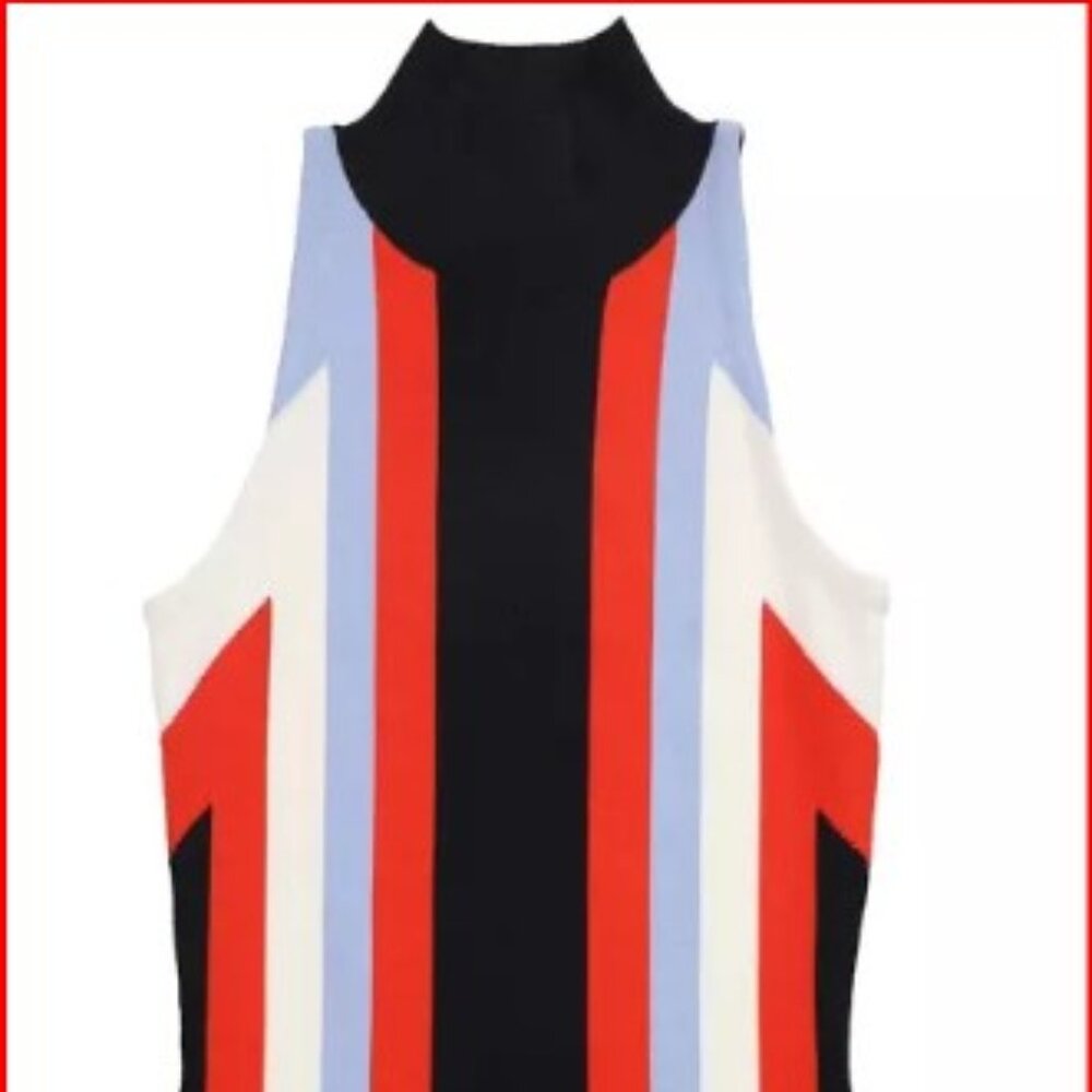 Bar III Sweater dress mock turtleneck striped navy, red, light blue large